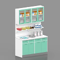 White and Light Green Medical Storage Cabinet With Glass Door Cabinets Shelves Drawers And Sink