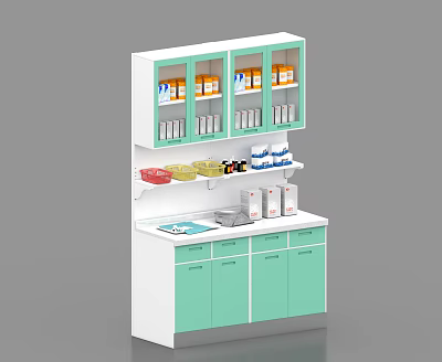 White and Light Green Medical Storage Cabinet With Glass Door Cabinets Shelves Drawers And Sink 3d model
