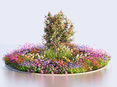 Circular Flower Bed Planter With Central Tree And Colorful Blooming Flowers 3d model