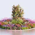 Circular Flower Bed Planter With Central Tree And Colorful Blooming Flowers