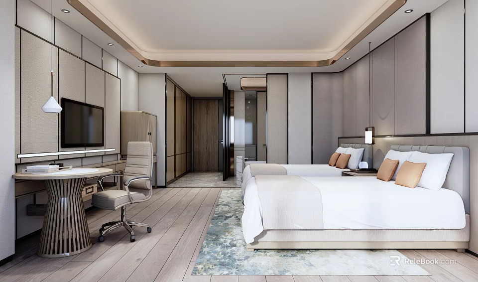 Modern Hotel Room Interior With Twin Double Beds Writing Desk Area Rug And Wooden Flooring 3d model 