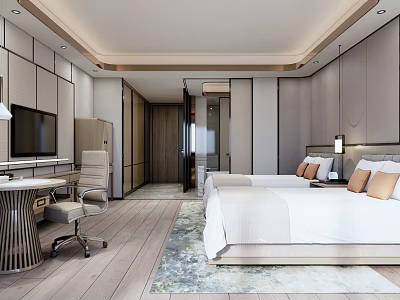 Modern Hotel Room Interior With Twin Double Beds Writing Desk Area Rug And Wooden Flooring 3d model