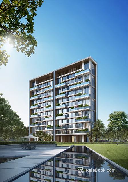 Modern High Rise Residential Building With Balconies And Green Plants Surrounded By Trees 3d model 