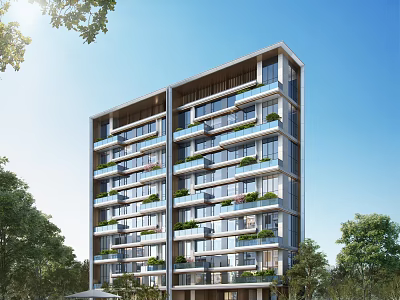 Modern High Rise Residential Building With Balconies And Green Plants Surrounded By Trees 3d model