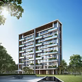Modern High Rise Residential Building With Balconies And Green Plants Surrounded By Trees