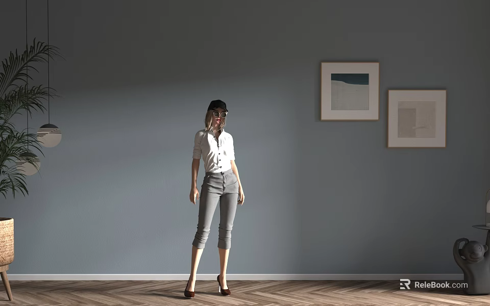 Woman Standing Against Gray Wall Two Paintings Herringbone Wooden Floor Wearing White Shirt Gray Pants 3d model 