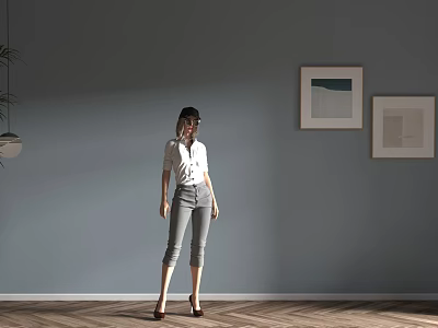 Woman Standing Against Gray Wall Two Paintings Herringbone Wooden Floor Wearing White Shirt Gray Pants 3d model