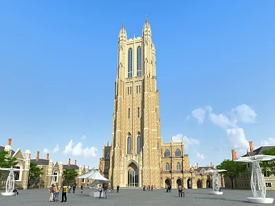 Historic European Architecture Tower With Stone Facade Plaza And People Under Blue Sky 3d model