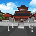 Ancient Traditional Architecture Featuring Classic Roof Courtyard Trees Blue Sky And Distant Mountains