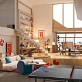 Modern Leisure Area Interior Design With Large Windows Sofa And Wooden Bookshelves