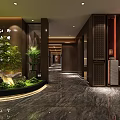 Elegant Modern Shop Front Desk With Marble Countertop Chandelier Green Plants And Sofa Seating