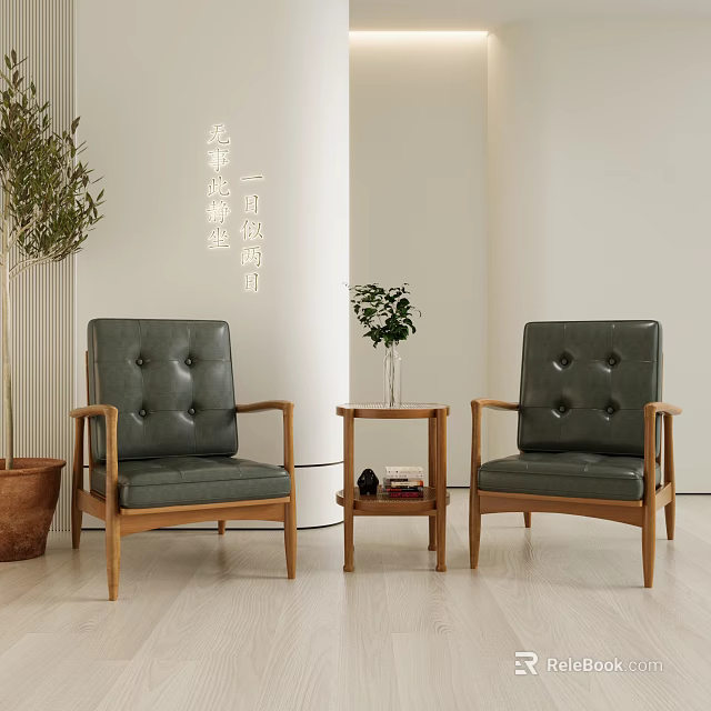 Green Leather Leisure Chairs With Wooden Armrests Button Backrests In Minimalist Room With Plants 3d model 