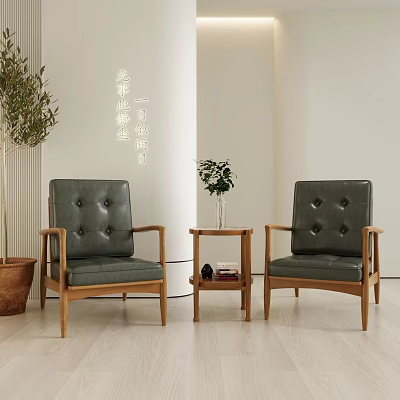 Green Leather Leisure Chairs With Wooden Armrests Button Backrests In Minimalist Room With Plants 3d model