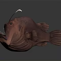 Brown Anglerfish Creature Sculpture With Open Mouth Sharp Teeth And Lure On Head