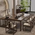 Chinese Style Wooden Tea Table and Chairs with Cushions on Area Rug and Green Plants