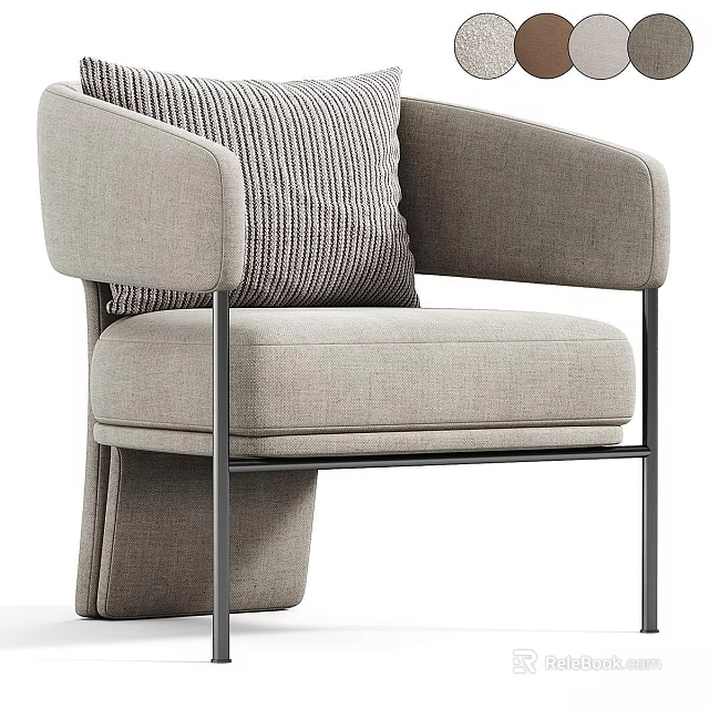 Modern Light Gray Fabric Accent Chair With Armrests Black Metal Frame And Striped Cushion 3d model 