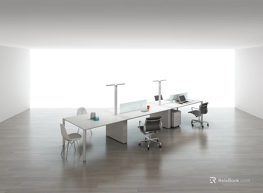 Modern Long Office Desk With Table Lamps Computer And Chairs In Bright Room 3d model 