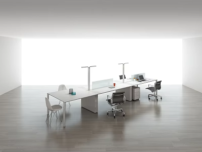Modern Long Office Desk With Table Lamps Computer And Chairs In Bright Room 3d model