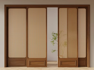 Interior Wooden Sliding Doors with Woven Grille and Indoor Green Plant 3d model