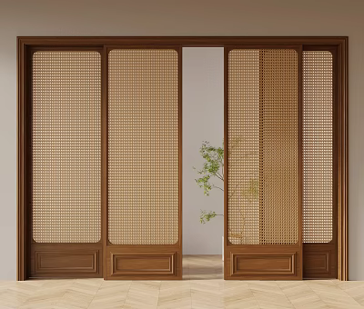 Interior Wooden Sliding Doors with Woven Grille and Indoor Green Plant 3d model