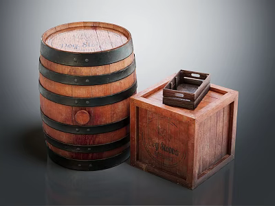 Rustic Wooden Barrel And Crate With Small Tray On Gray Surface 3d model