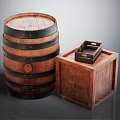 Rustic Wooden Barrel And Crate With Small Tray On Gray Surface 3d model
