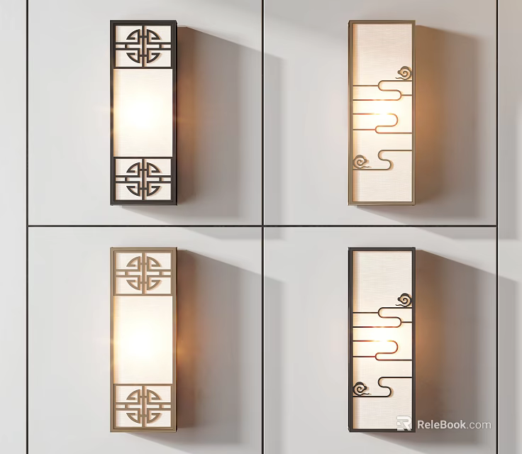 Traditional Chinese Style Wall Sconce With Fretwork Patterns Cloud Motifs And Long Rectangular Frame 3d model 