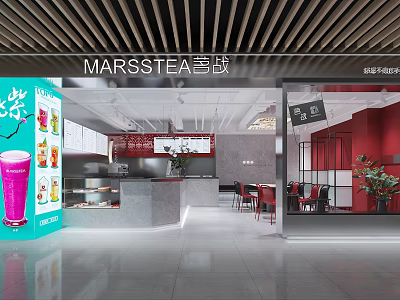 MARSSTEA Milk Tea Shop Interior Design With Red Walls Counter Seating And Drinks 3d model