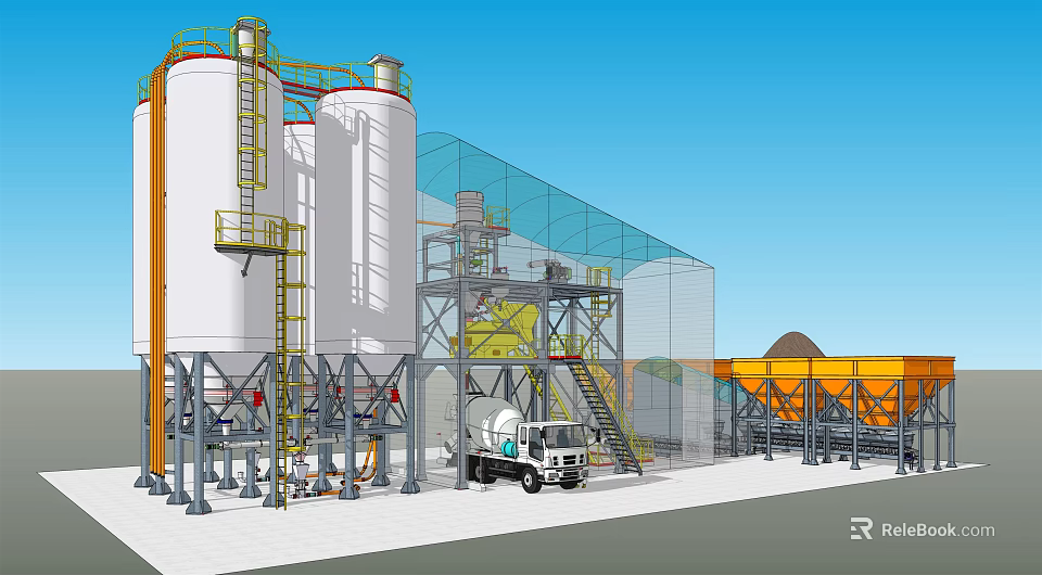 Industrial Equipment Facility With Large Storage Tanks Yellow Ladders And Concrete Mixer Truck 3d model 
