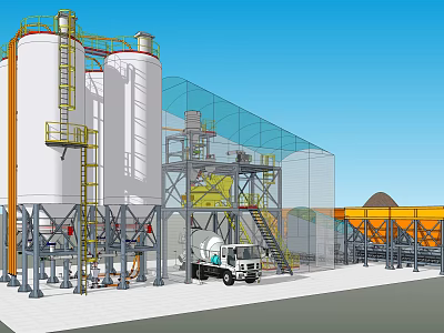 Industrial Equipment Facility With Large Storage Tanks Yellow Ladders And Concrete Mixer Truck 3d model