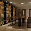 Modern Chinese Tea House Interior With Wooden Shelves Green Plants And Round Table Bamboo Chairs