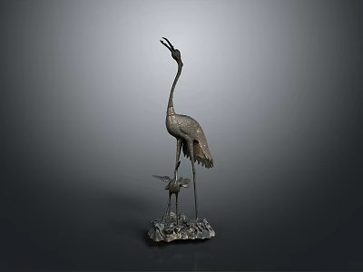 Bronze Crane Sculpture With Adult And Baby Birds On Decorative Base 3d model