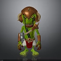 Cartoon Green Goblin Character With Orange Horns Large Ears Metal Armor And Red Shorts