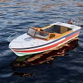 Small Stylish Yacht With White Red Blue Stripes On Calm Water