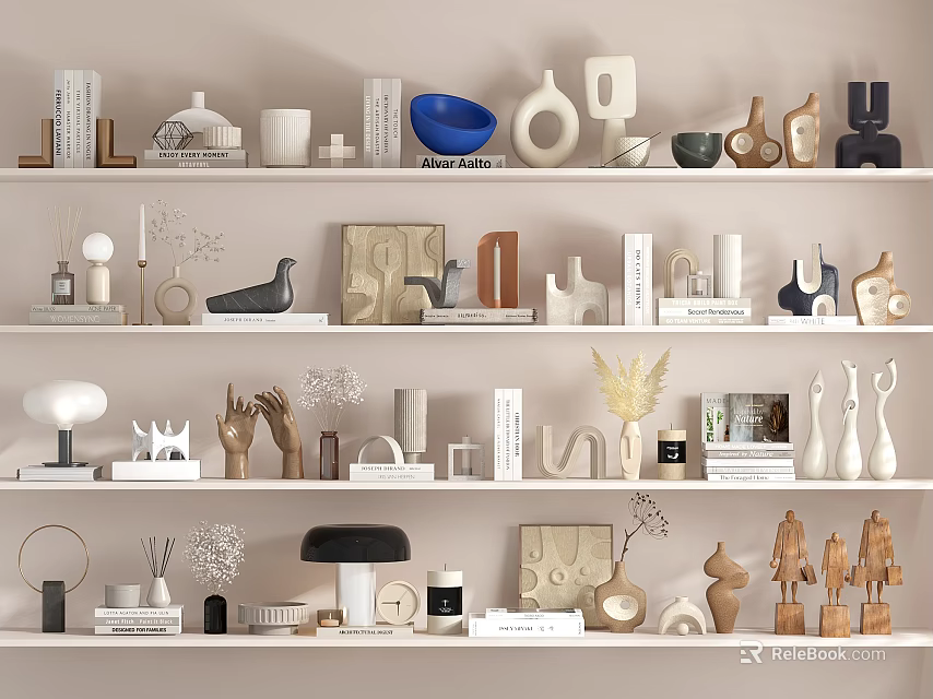 Decorative Ornament Set on White Shelves with Modern Ceramic Wooden and Blue Accents Home Decor 3d model 
