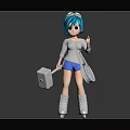 Blue Haired Cartoon Character In Gray Top Blue Shorts With Hammer Bag And Roller Skates