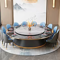 Elegant Chinese Restaurant Interior With Round Dining Table Blue Chairs Decorative Flowers And Mountain Painting