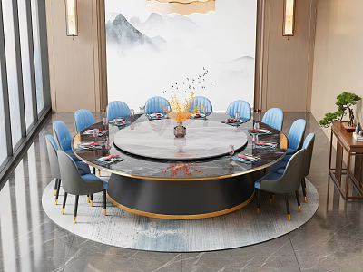 Elegant Chinese Restaurant Interior With Round Dining Table Blue Chairs Decorative Flowers And Mountain Painting 3d model