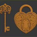 Orange Heart Shaped Box With Intricate Scrolls And Decorative Key 3d model