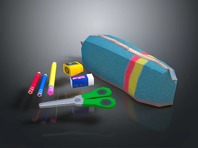 Colorful Stationery Set With Blue Pencil Case Green Scissors Crayons Sharpener And Eraser 3d model