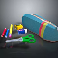 Colorful Stationery Set With Blue Pencil Case Green Scissors Crayons Sharpener And Eraser