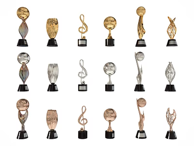 Various Design Metal Trophies And Medals With Gold Silver Bronze Finishes 3d model