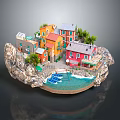 Colorful Coastal Village Houses On Rocky Shore With Boats Trees And Water
