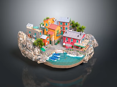 Colorful Coastal Village Houses On Rocky Shore With Boats Trees And Water 3d model