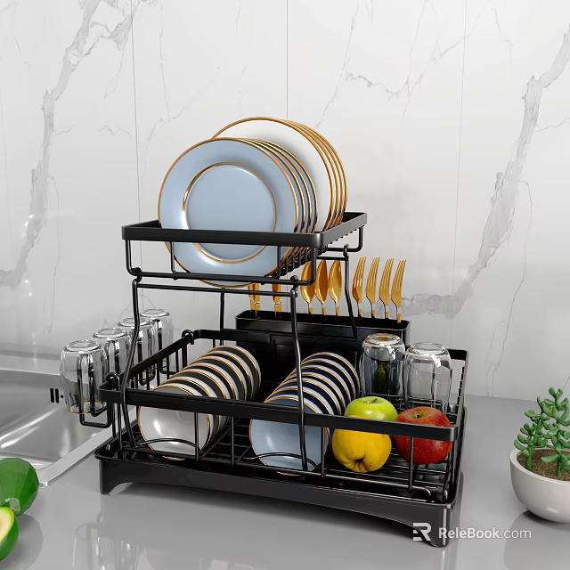 Modern Dinnerware Set with Gold Rimmed Plates Striped Bowls and Black Metal Storage Organizer 3d model 