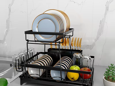 Modern Dinnerware Set with Gold Rimmed Plates Striped Bowls and Black Metal Storage Organizer 3d model