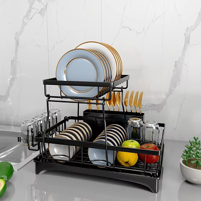 Modern Dinnerware Set with Gold Rimmed Plates Striped Bowls and Black Metal Storage Organizer 3d model