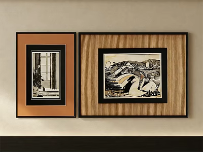 Wall Decor With Black Orange Bamboo Framed Prints Indoor Scene Mountain Sun Bird 3d model
