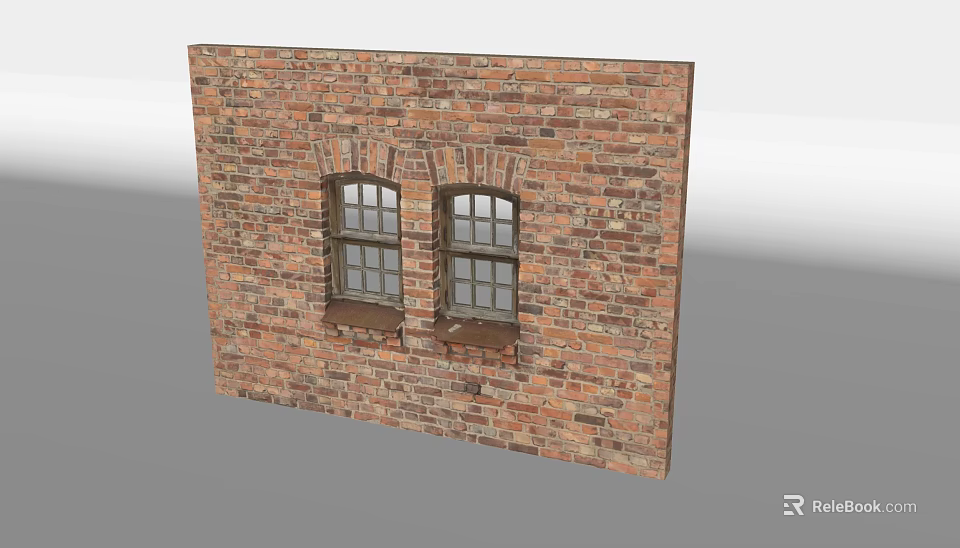 Vintage Building Exterior Wall With Red Brick And Arched Grid Windows 3d model 