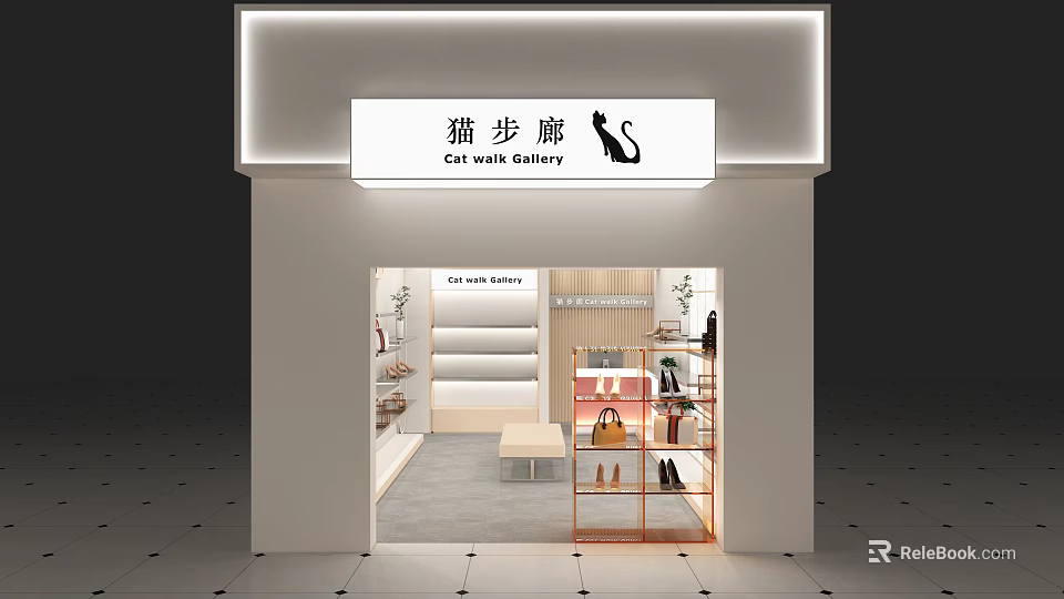 Cat Walk Gallery Mall Store Counter With Display Shelves Bags And Shoes 3d model 